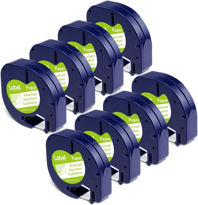 8-Pack Label KINGDOM Label Compatible with DYMO LetraTag Label Maker Refills 91330 White Paper Tape Refills 12mm x 4m (1/2" x 13') for Labeler Letra Tag 200B LT 100H 100T Plus