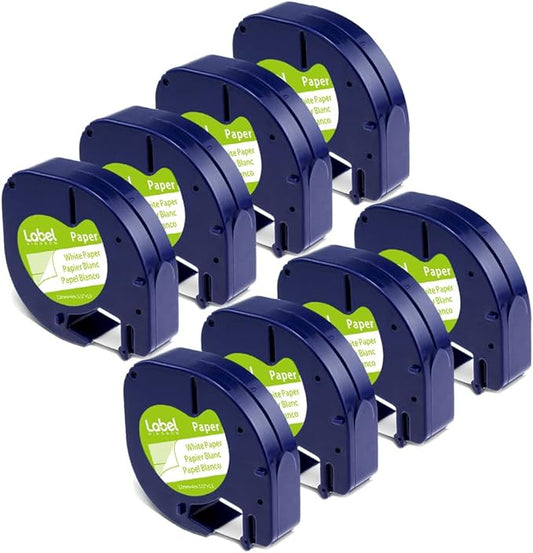 8-Pack Label KINGDOM Label Compatible with DYMO LetraTag Label Maker Refills 91330 White Paper Tape Refills 12mm x 4m (1/2" x 13') for Labeler Letra Tag 200B LT 100H 100T Plus