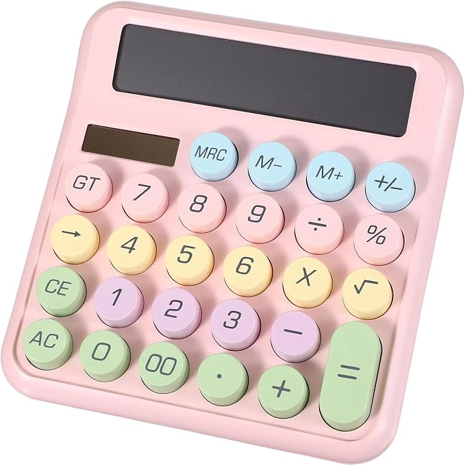 PATIKIL Cute Calculator, Desk Calculator Basic Big Button 12 Digit Large Display Mechanical AAA Battery Solar Power for Office Supplies Girl Female Woman Gift, Colorful Pink
