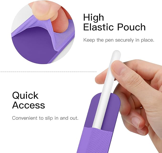 MoKo Adhesive Pencil Case Holder Sticker for Apple Pencil, Purple | Elastic Pencil Pocket Pouch, Adhesive Sleeve, Attached to iPad Case, For Pro/USB-C/1st/2nd Gen and Similarly Stylus Pens