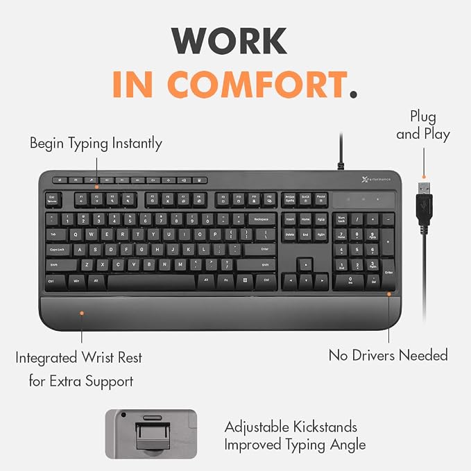 X9 Wired Ergonomic Keyboard - Comfortable Typing - Ergonomic Full Size USB Keyboard with Wrist Rest, Number Pad, Multimedia and 114 Keys - External Computer Keyboard for Laptop, Desktop and Office PC