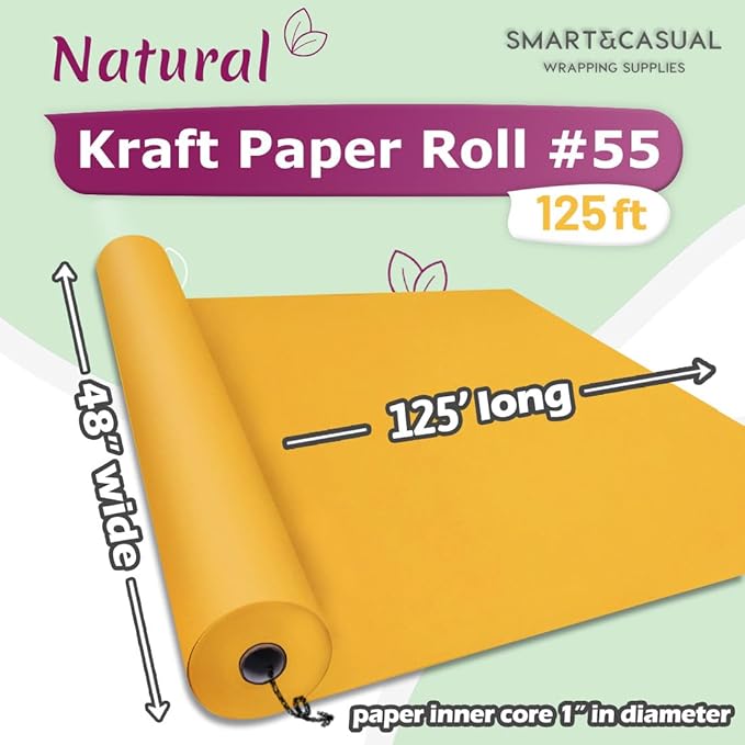 SMART&CASUAL 48" x 1,500" (125') Orange Kraft Craft Paper Roll for Gift Wrapping Bulletin Board Bouquet Flower Kids Art Packing Parcel Table Covering 80GSM 55LB (Orange, 48" x 125')