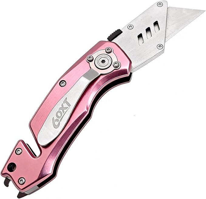 Utility Knife Folding Safety Lock Quick Change with 10 Extra SK5 Replacement Blade Lightweight Aluminum Handle & Pocket Clip Multi-Use Box Cutter Office Home Art Diy Great Gift Choice (UPG.V.Pink)