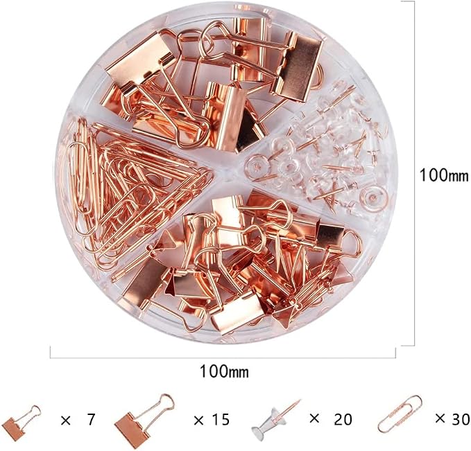 Paper Clips Binder Push Pin Set, Assorted Sized Binder Clips | Cute Office Supplies, Aesthetic Desk Accessories Teachers Desk Must Have, Paper Clips and Binder Clips Set, Rosegold, 1 Pack