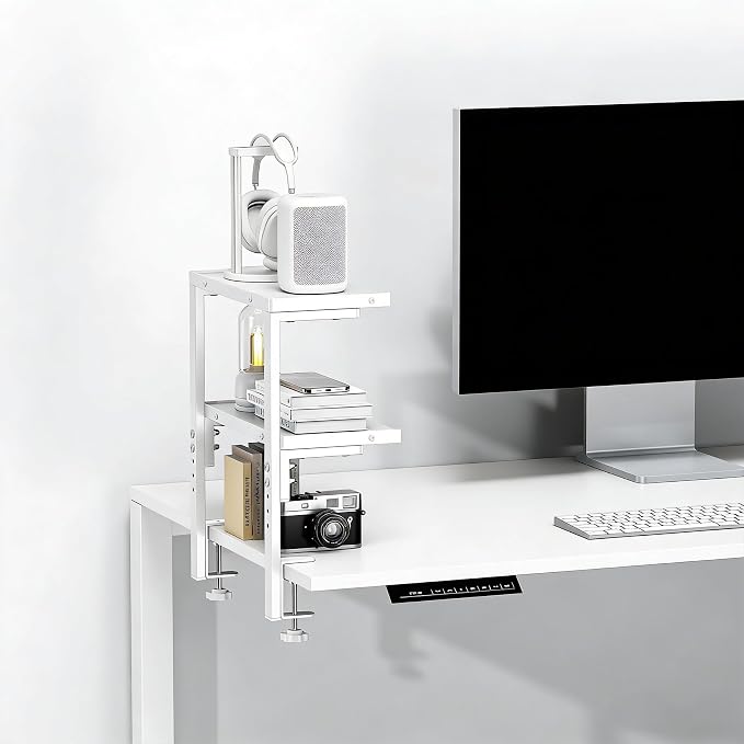 2-Tier Desk Shelf | Desk Organization Expandable Clamp on Desk Shelf Desktop Accessories for Offices and Game Rooms (White)