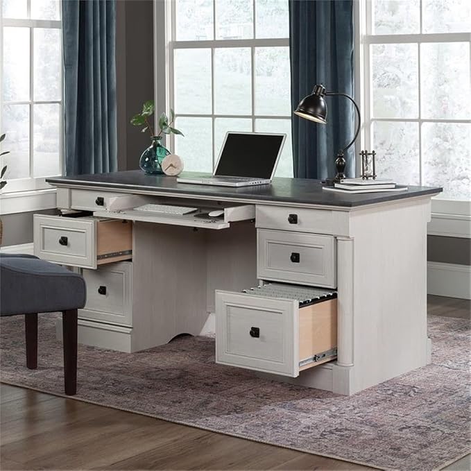 Sauder Palladia Office Desk with Drawers, Executive Desk with File Cabinet Storage, Cable Management, Keyboard Tray, in Glacier Oak Finish