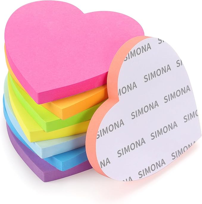 SIMONA Heart Shape Sticky Notes 3x3 in 8 Color Bright Colorful Sticky Pad | Heart Self-Sticky Note Pads, Cute Bright Color 8 Pads, 600 Sheets, Strong Adhesive Sticky Notes for Office, School, Family
