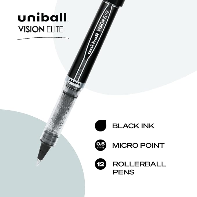 uni-ball Vision Elite Rollerball Pens Fine Point Micro Tip, 0.5mm, Black, 12 Pack