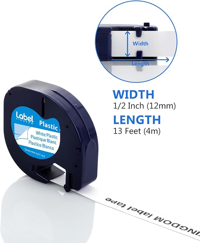 Label KINGDOM Replace for DYMO LetraTag Refills 91331 White Plastic Compatible for Dymno Letra Tag Plus LT100H LT100T, 1/2" x 13'(12mm x 4m) Black Print on White, 4 Pack