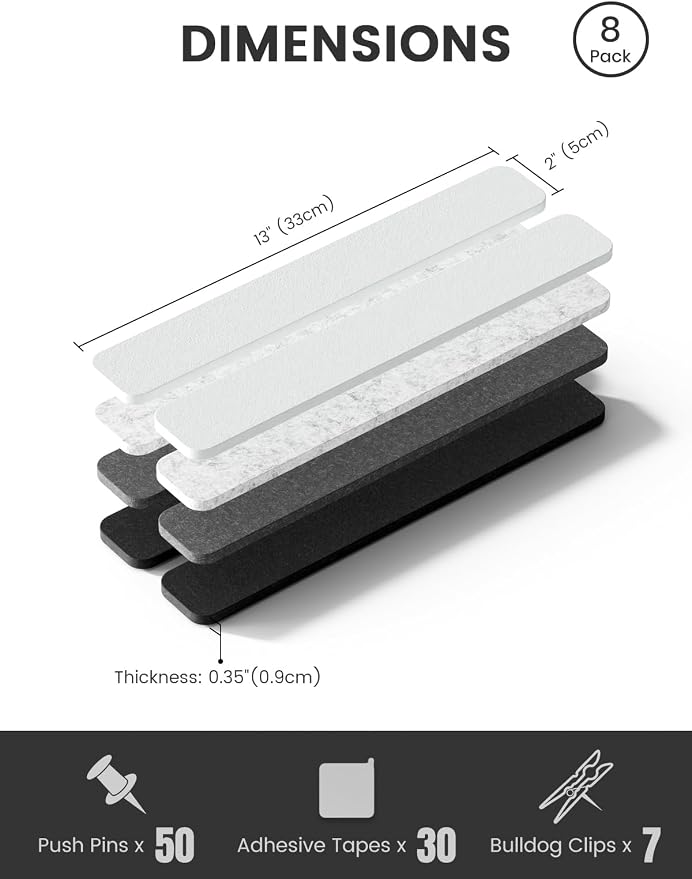 Fluxynara 13" x 2" Felt Wall Panels, Concrete Echo | 8-Pack Includes 50 Push Pins and Adhesive Tabs for Photos, Notes and Decor in Bedroom Doors, Home Office or Studios