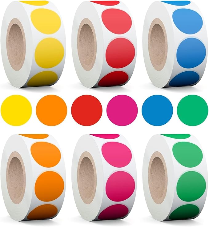 AveneMark 3000Pcs 3/4" Color Coding Labels Circle Dot Stickers,Round Yard Sale Stickers with Bright Yellow Green Red Pink Orange Blue, Garage Sale Price Tag(6 Rolls,500 Labels/Roll)