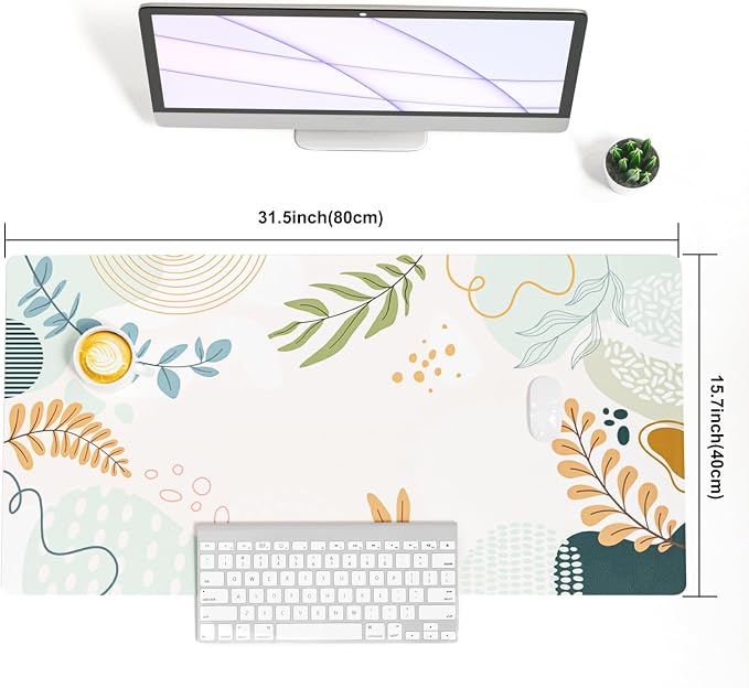 Faux Leather Large Mouse Pad, Office Desk Mat, 31.5"x15.7", Botanical | Desk Décor Accessories, Extended Size, Waterproof & Easy to Clean, Smooth Surface, Non Slip Desk Organization