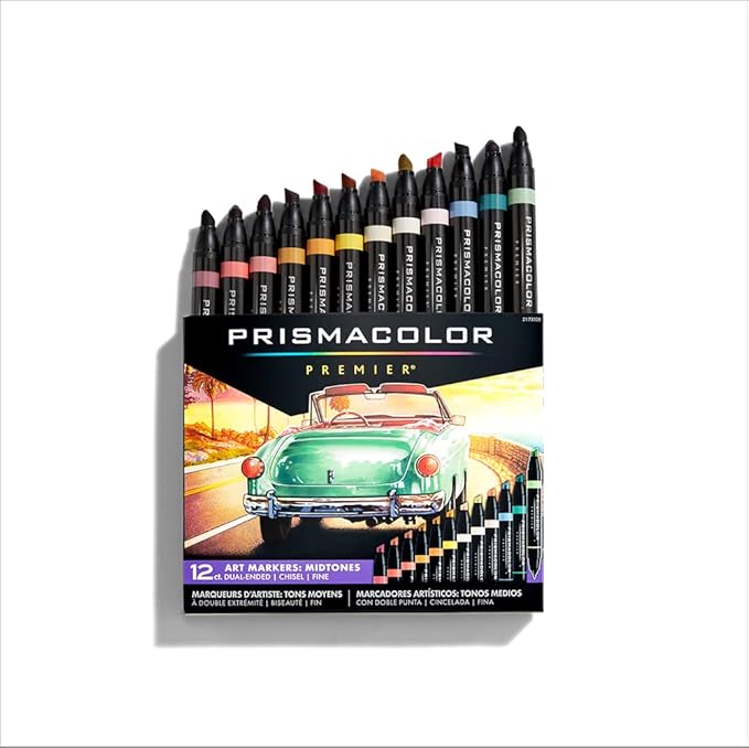 Prismacolor Premier Dual-Ended Art Markers, Chisel and Fine Tips, Mid-Tone Colors, 12 Count - Professional Quality for Artists, Adult Coloring, Drawing