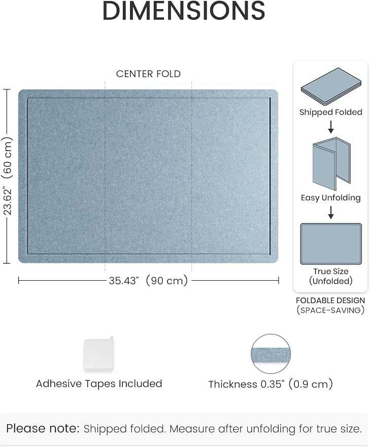 Fluxynara 35.4" x 23.6" Bulletin Board, Dusty Blue | Cork Board Alternative with 12 Removable Adhesive Tabs, Foldable Felt Pin Board for Home, Office, Classroom & Dorm