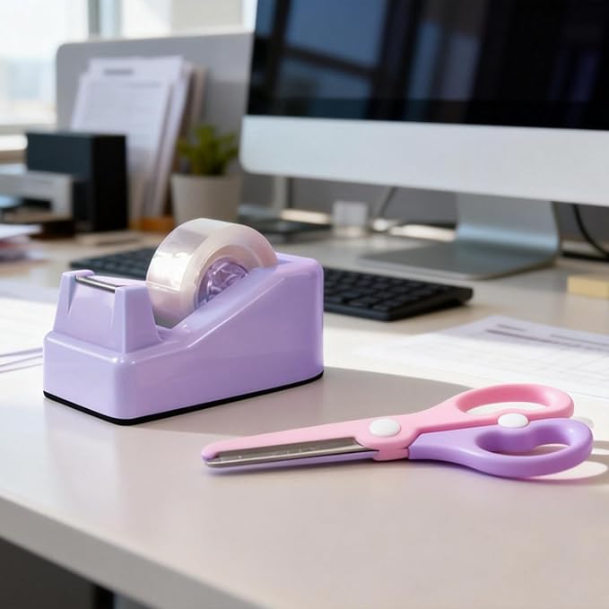 Desktop Tape Dispenser Kits with Weighted Nonskid Base Tape Dispenser- Includes 9 Rolls of Transparent Tape(0.71 Inch x 500 inches Each) & Pink Scissors, 2 Pcs Tweezers (Purple)