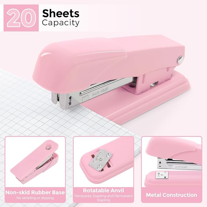 SKYDUE Pink Desk Accessories 11Pcs with Rotating Pen Holder for Desk | Included Stapler with Staples, Staple Remover, Tape Dispenser,2pcs Tape Refills, Binder Paper Clips Kit, Scissor, 2pcs Pens