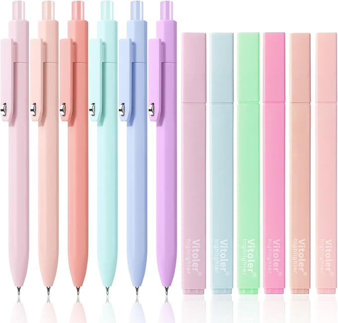 Piochoo Bible Highlighters Assorted Colors and Black Ink Gel Pens 12 Pack | Pastel Colors Chisel Tip Highlighters,0.5mm Quick-Drying Pens for Journaling Planner Notes Office Back to School Supplies