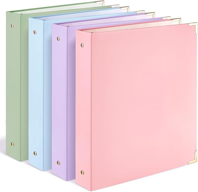 Sooez 4 Pack 3 Ring Binder with Metal Corners, Cute 1 Inch Binders Fits 175 Sheets of Paperwork, Three Ring Recipe Binder with Pocket for Women School Home Office Supplies, 8.5" x 11", Pastels