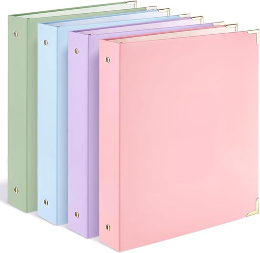 Sooez 4 Pack 3 Ring Binder with Metal Corners, Cute 1 Inch Binders Fits 175 Sheets of Paperwork, Three Ring Recipe Binder with Pocket for Women School Home Office Supplies, 8.5" x 11", Pastels