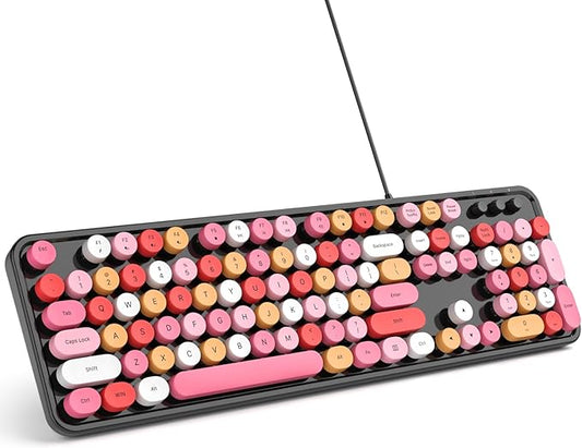 Computer Keyboard Wired, Plug and Play USB Retro Round Typewriter Keyboard, Full Size Wired Keyboard with Foldable Stands for Laptop and Office PC