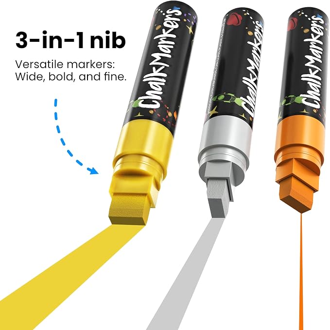 15mm 8 Metallic Window Chalk Markers Washable For Cars - Liquid Chalk Pens | Erasable Chalkboard Markers for Blackboard, Glass, Restaurant, Wedding, Bistro Menu - Wet Wipe Erasable - 15mm Jumbo Nib