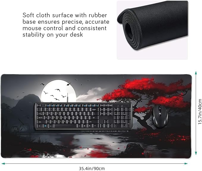 XXL Gaming Mouse Pad 35.4x15.7 Inch, Large Extended Desk Mat | Oriental Landscape Moon Design, Non-Slip Rubber Base, Water-Resistant Surface and Stitched Edges for Gaming, Office & Home
