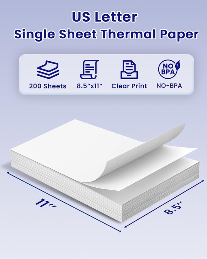 Thermal Printer Paper 8.5" x 11" US Letter Size, 200 Sheets, Advanced Thermal Printing, Quick-Dry Thermal Paper Compatible with A285M A28U A282M A281M M08F M835 M834 M832 Portable Printer