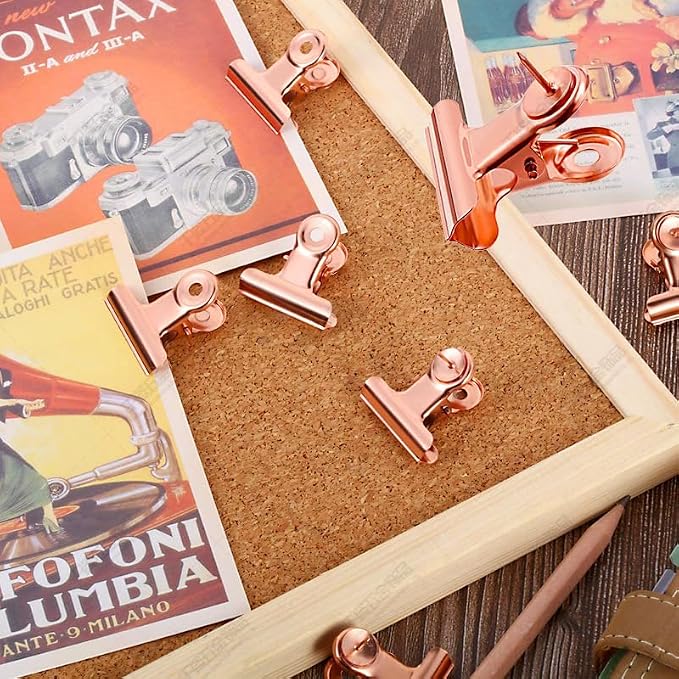 YUCHIYA 32 Pack Bulldog Clips with Push-pins for Corkboard,Metal Clips for Crafts, Metal Binder Clips for Pictures, Spring Paper Clamps for Office Documents (Rose Gold,0.85inch)