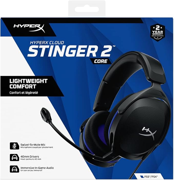 HyperX Cloud Stinger 2 Core - Gaming Headset for Playstation, Lightweight Over-Ear Headset with mic, Swivel-to-Mute Function, 40mm Drivers - Black