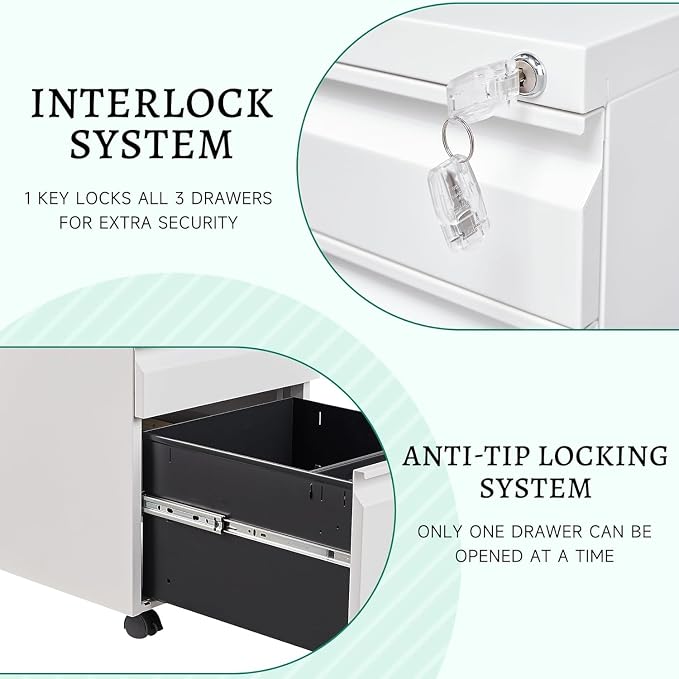 3 Drawer Mobile File Cabinet with Lock, Under Desk Metal Rolling Filing Cabinets for Home Office Organizer Letters/Legal/A4 (White- Requires Installation) (White)