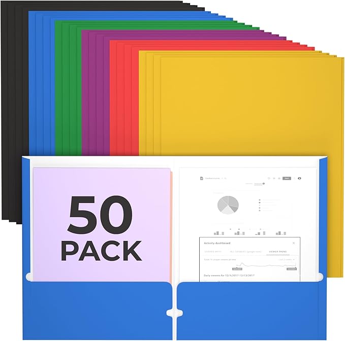 Folders, Folders with Pockets, 2 Pocket Folders, Folders with Pockets Bulk, Holds 100 Sheets (50 per Pocket), Assorted Colors, Office Or School (50)