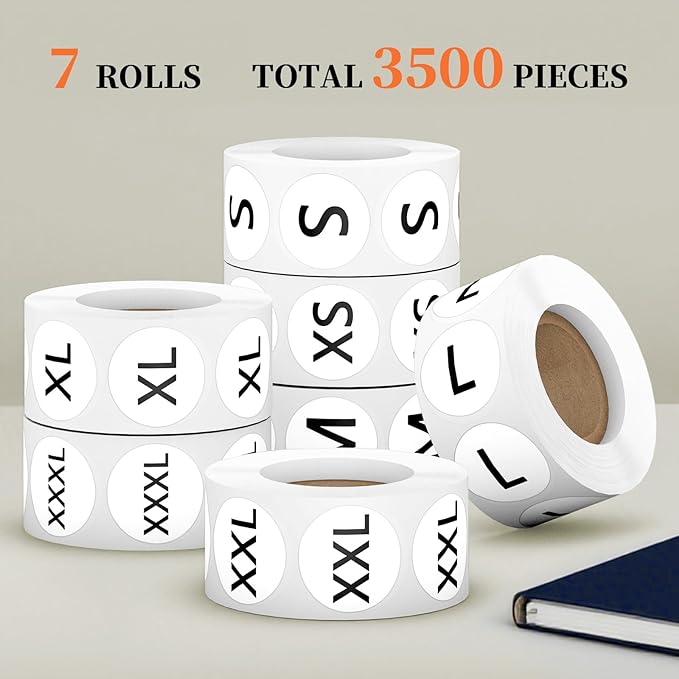 3500 Pcs 7 Rolls 7/8 Inch Size Stickers, 7 Sizes Coded Round Self Adhesive Labels for Clothing, Sticker Holder for Shirt (XS, S, M, L, XL, XXL, and XXXL), BIAlabel