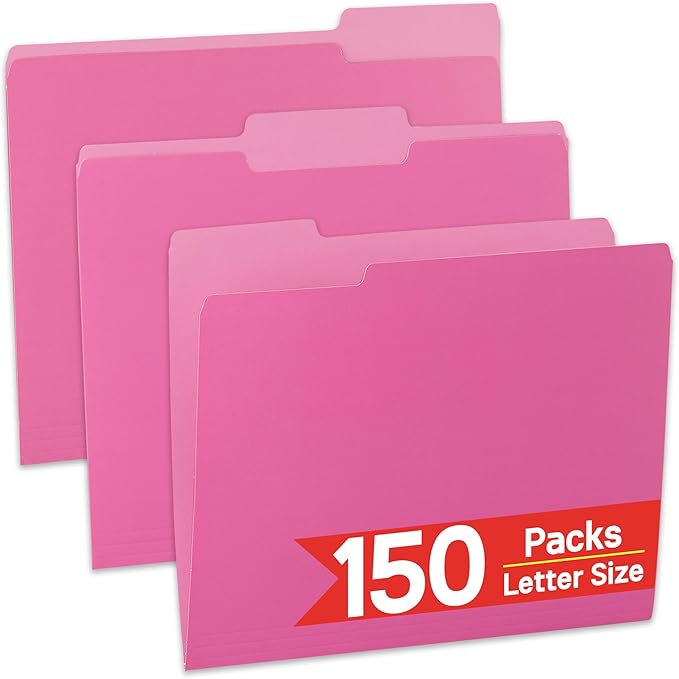 150 Packs Paper File Folder,1/3-Cut Tabs,File Folder Letter Size,8.5x11 Pink File Folders for Office Filing,School Projects and Home,Organizer Folder