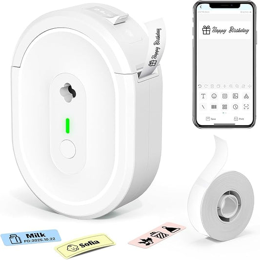 Label Maker Machine with Tape, Small Portable Bluetooth Label Printer, Handheld Mini Labeler for Home, Kitchen, Office, Waterproof Label Makers for Labeling, Gift, Kids School Items, White
