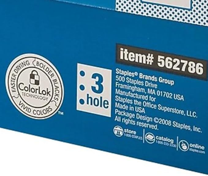 Staples 8.5" x 11" 3-Hole Punch Multipurpose Paper, 20 lbs., 96 Brightness, 500/Ream, 10 Reams/Carton