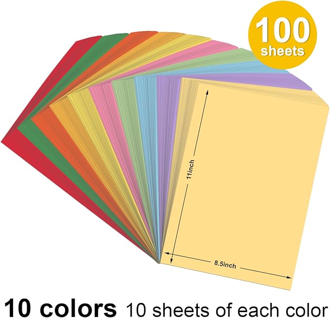 100 Sheets Colored Paper - Multi-Color Copy Paper, 8.5" x 11", 20 lb | 10 Color - Colored Printer Papers - 200 Pages, Assorted Colors, For Office, School, Home
