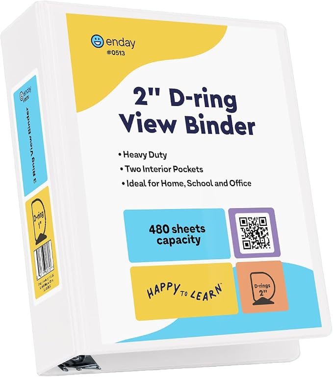 Enday 2 Inch 3 Ring Binder, White Heavy Duty Three Ring Binder, 480 Sheets Capacity - 2 Inch Binder for Home School and Office.