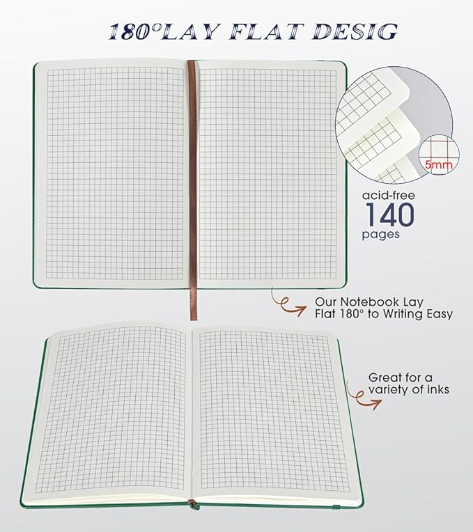 Graph Paper Notebook Journal for Women Men,140 Pages Hardcover Grid Notebooks for Work & School,Leather Journals for Writing, Graphing Paper Notebook 5.7"×8.3" (Green)
