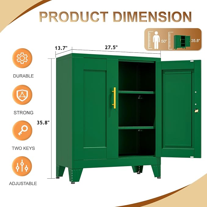 36" Metal File Storage Cabinet with Lock,Steel Locker Organizer, Office File Cabinet with 2 Doors and 2 Adjustable Shelves,Outdoor Tool Garage Cabinets for Home Office,Gym,School,Warehouse(Green)