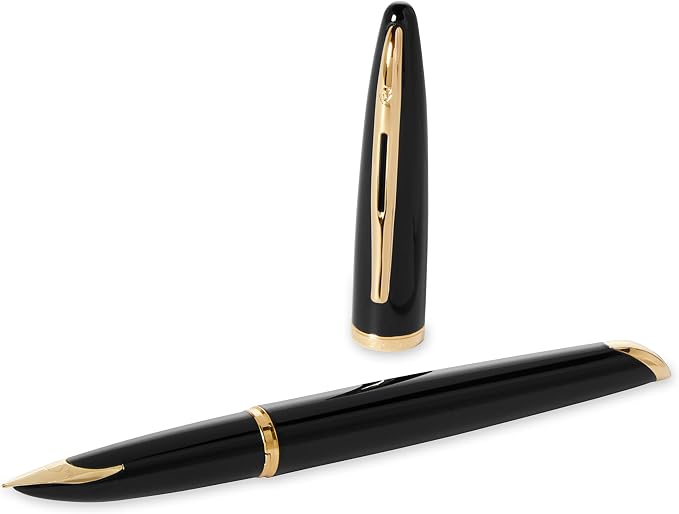 Waterman Carène Black Sea Fountain Pen High-Gloss Black & 23k Gold Clip Medium Nib with Blue Ink Cartridge Gift Box