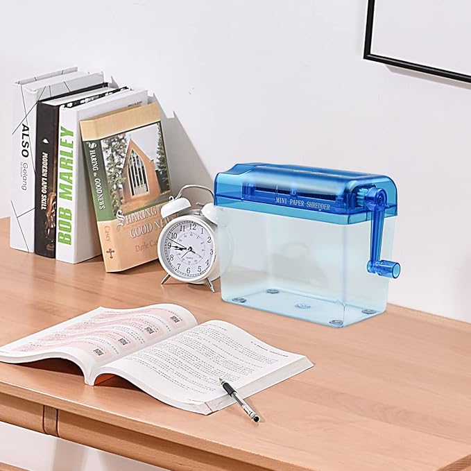 JIKIOU Mini Hand Shredder Portable Paper Shredder for Office Home Blue | Affordable, Non-slip, Information High Security, Desktop Size, 1L Clear Plastic Window, No Power and Easy to Use for Gift