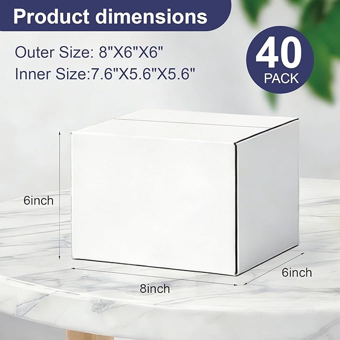 40 Pack 8x6x6 Inches Small Shipping Boxes, White Corrugated Cardboard Box for Packaging Small Business, Mailing and Moving