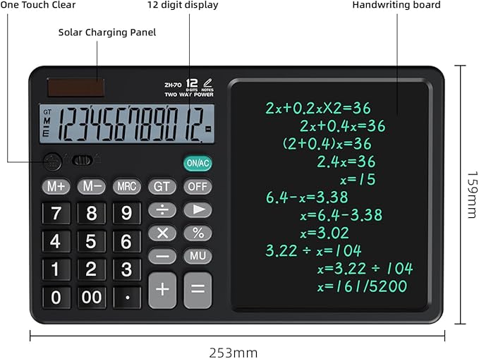 Desk Calculator with Erasable Writing Pad, 12-Digit Wide Screen Display, 100,000+ Reusable LCD Notepad, One-Click Clear & Lock Function, Solar and Battery Dual Power for Office,School,Business (Black)
