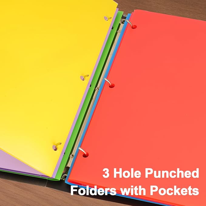 18 Pack Folders with Pockets, Plastic 3 Hole Punched Binder Folders with Business Card Holder, Colored Decorative File Folders for Documents, Filing Cabinet, School, Office, Business | 6 Color, Decorative, File Folders, Business Card Holder, for Docume...