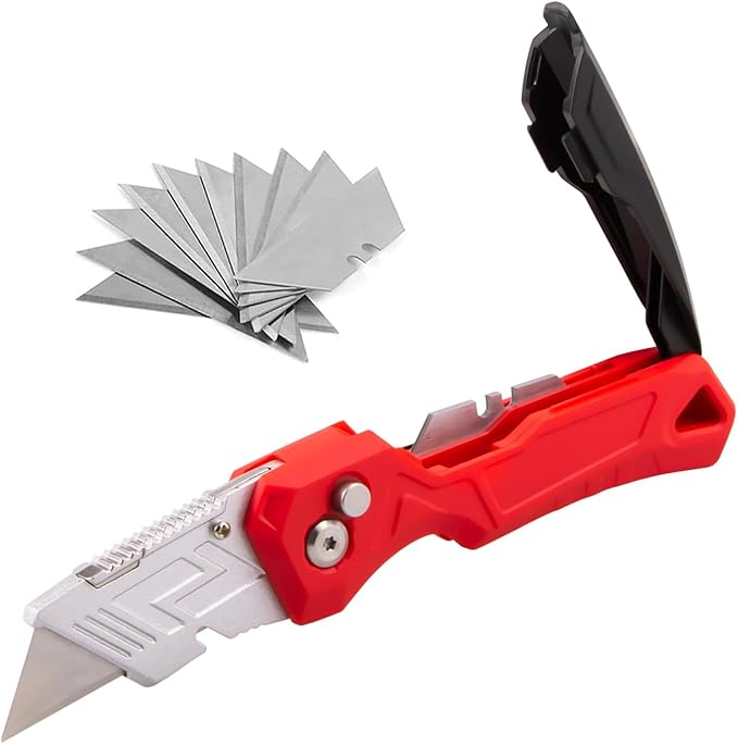 Box Cutter with Blade Storage Design, Heavy Duty Folding Utility Knife with 10 Extra Blades for Cardboard, Carton, Carpet Cutting, Anti-slip Handle, Quick Replace Blade