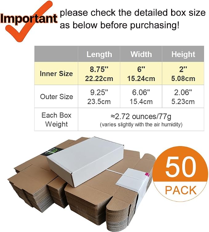 50 Pack 9x6x2'' Small Shipping Boxes, Corrugated Cardboard Mailers for Business, White (CM962)
