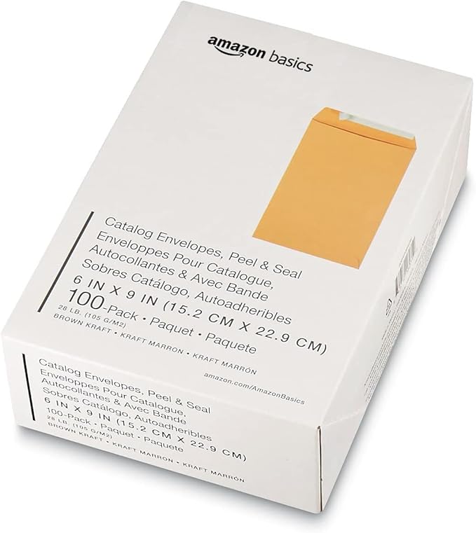 Amazon Basics Self Seal Catalog Envelopes for Business Mailing, Peel and Seal, 6" x 9", Brown Kraft, 100-Pack