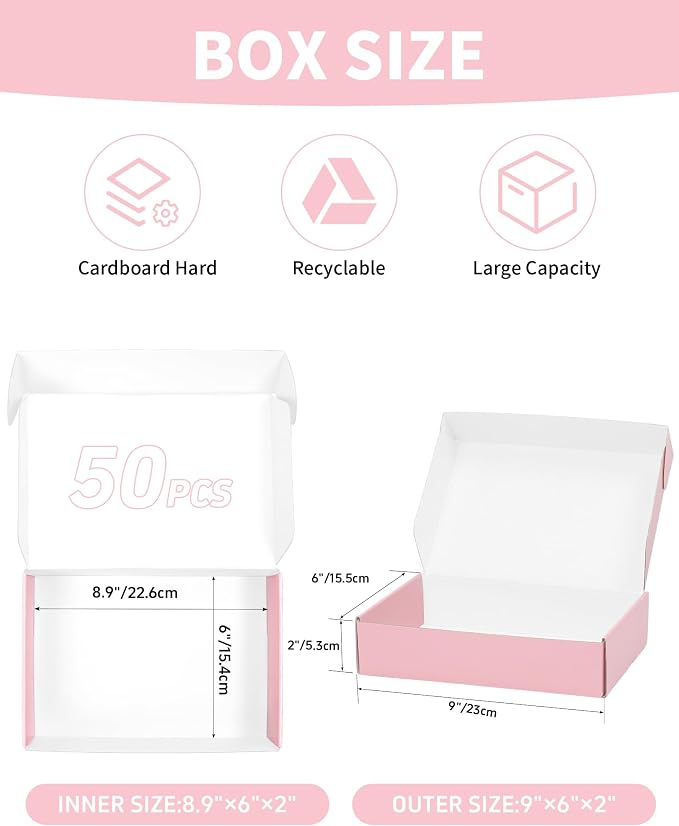 Shipping Boxes 9x6x2 Inch, Set of 45, Cute Pink Corrugated Cardboard Boxes, Mailer Packaging Boxes for Small Business Gift Literature Shipping