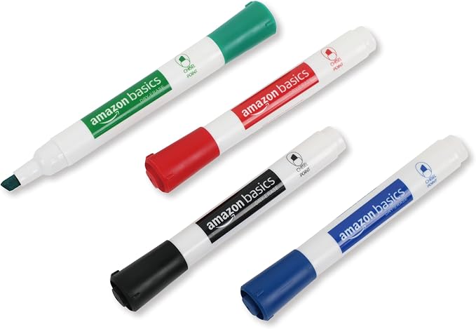 Amazon Basics Low-Odor Dry Erase Whiteboard Markers, Chisel Tip, Quick-Dry, Black, Red, Green, Blue, 8-Pack