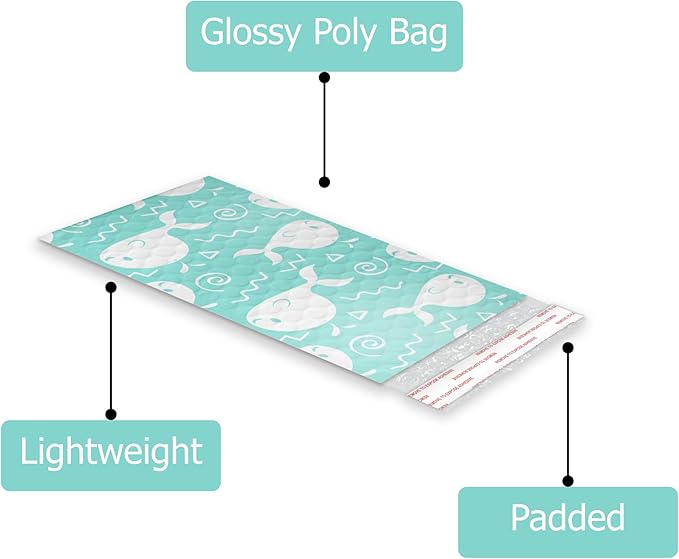 4x8 (20pcs) Blue Whales Designer Self Seal Poly Bubble Mailers Shipping Envelopes Padded Bags